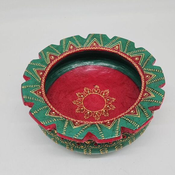 None Other - Indian Terracotta Uruli Bowl Emerald Green Colorful Jeweled Bohemian Decor 9" Bo